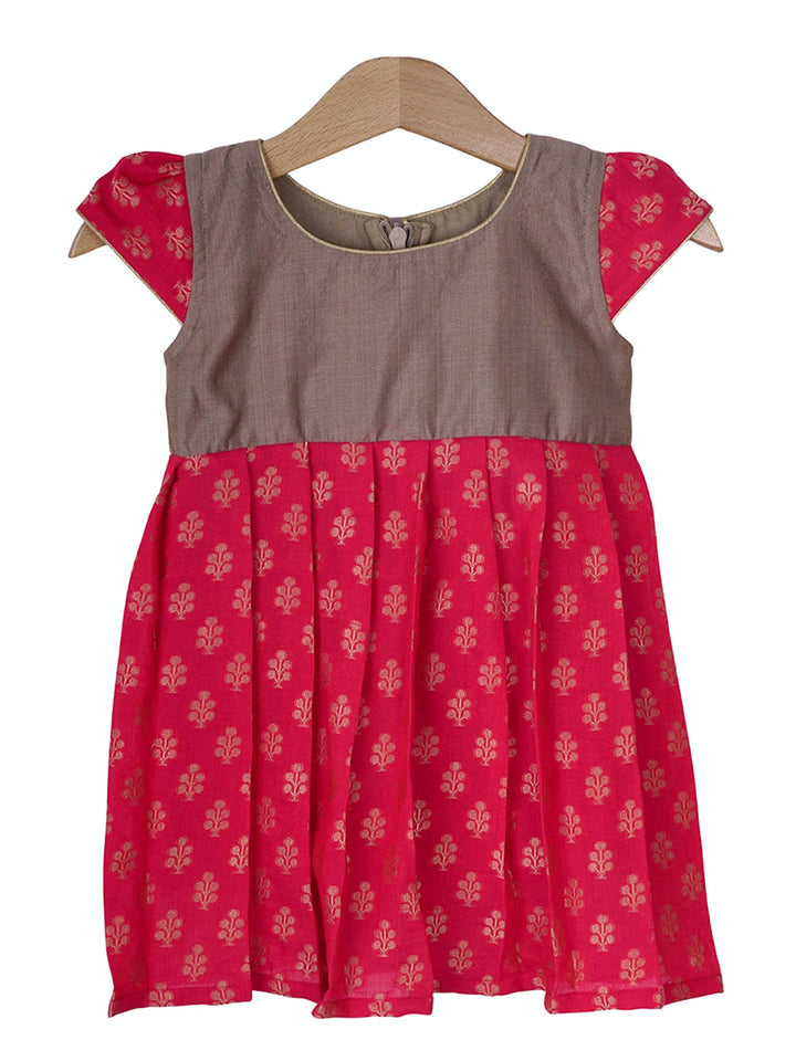 The Nesavu Baby Frock / Jhabla Red With Grey Designer Printed Jacquard Cotton Frock For New Born Baby Girl psr silks Nesavu 12 (3M) / Red BFJ279
