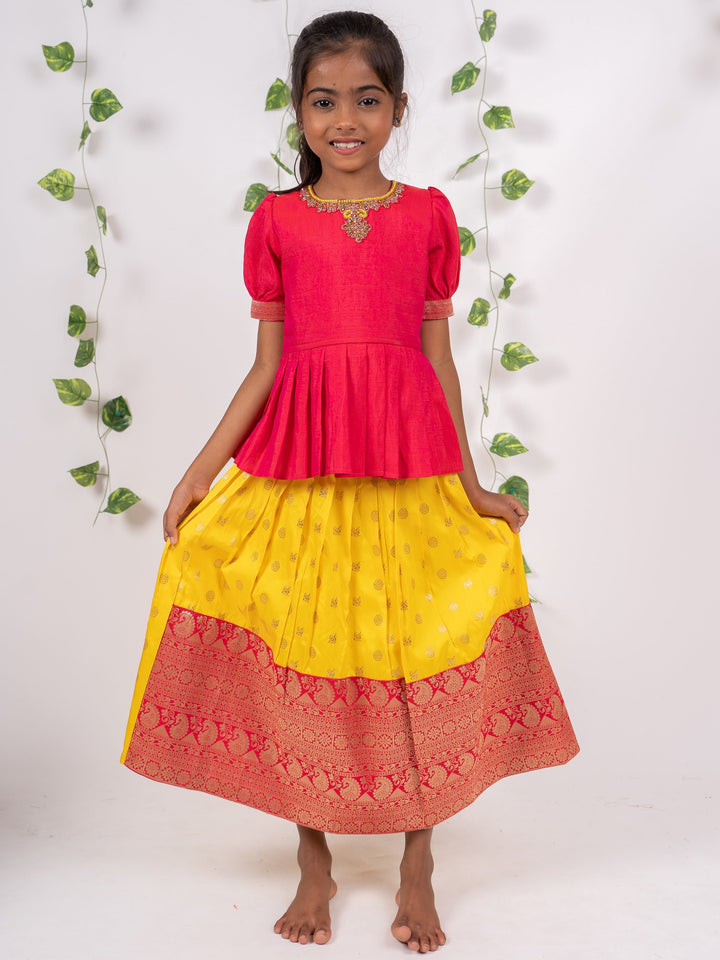 The Nesavu Lehenga & Ghagra Red With Yellow Banarasi Brocade Peplum Pleated Choli Ghaghara For Girls psr silks Nesavu 16 (1Y ) / yellow GL226