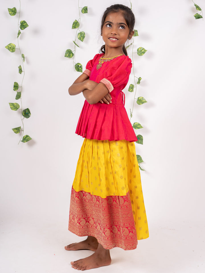 The Nesavu Lehenga & Ghagra Red With Yellow Banarasi Brocade Peplum Pleated Choli Ghaghara For Girls psr silks Nesavu