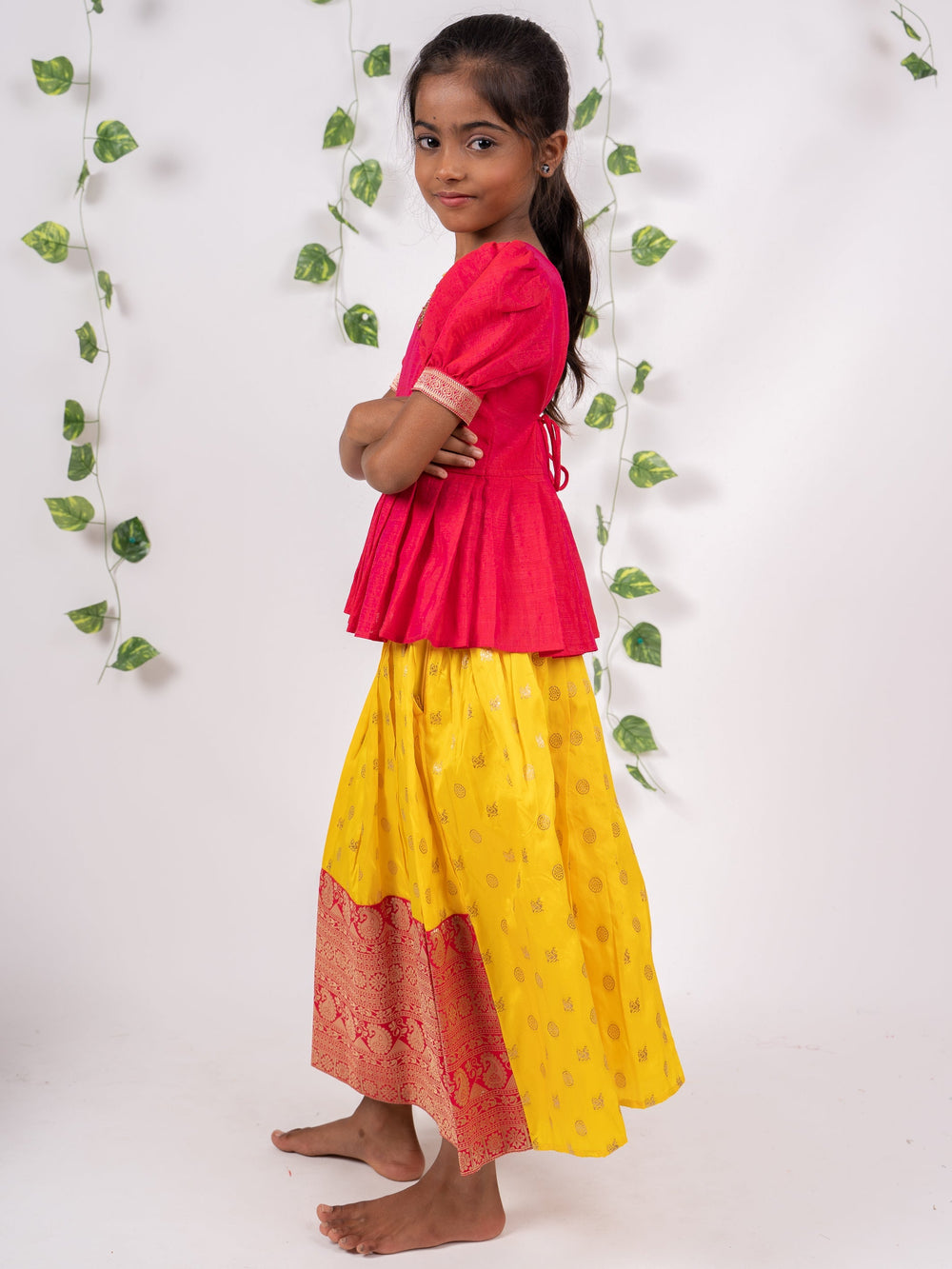 The Nesavu Lehenga & Ghagra Red With Yellow Banarasi Brocade Peplum Pleated Choli Ghaghara For Girls psr silks Nesavu