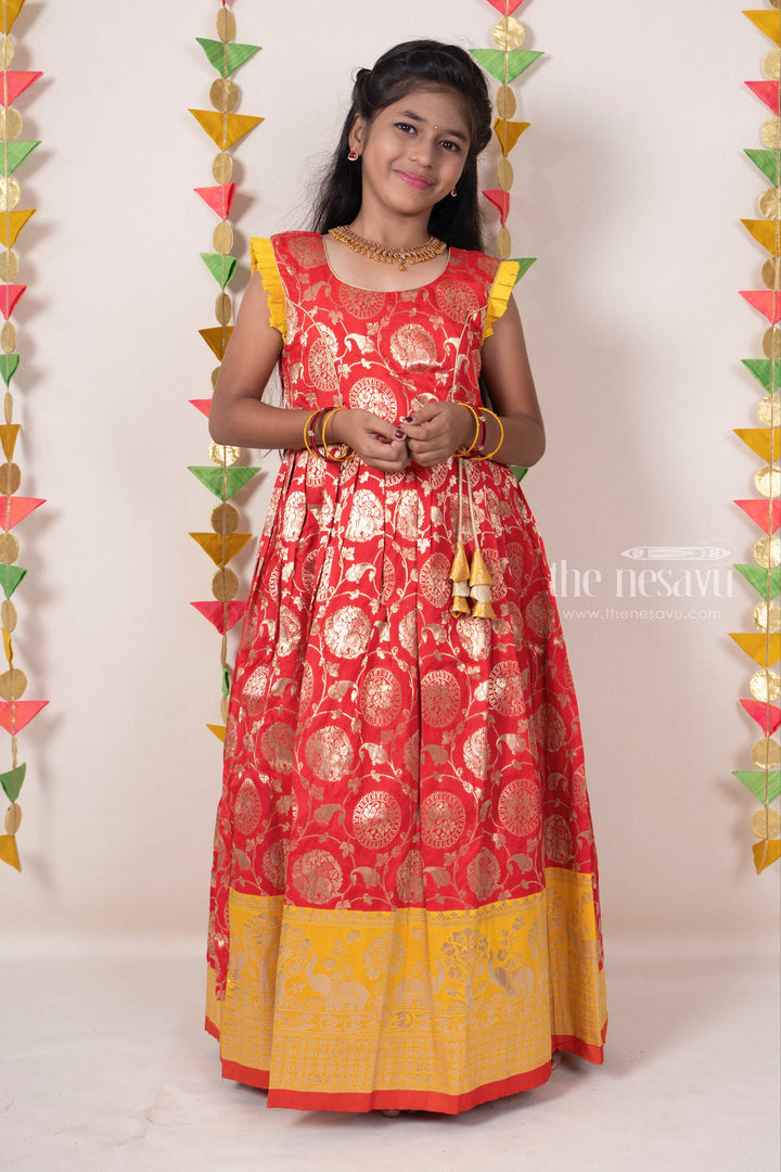 The Nesavu Kids Anarkali Red With Yellow Silver Toned Zari Pattu Anarkali Dresses For Girls psr silks Nesavu 14 (6M) / Red GA111