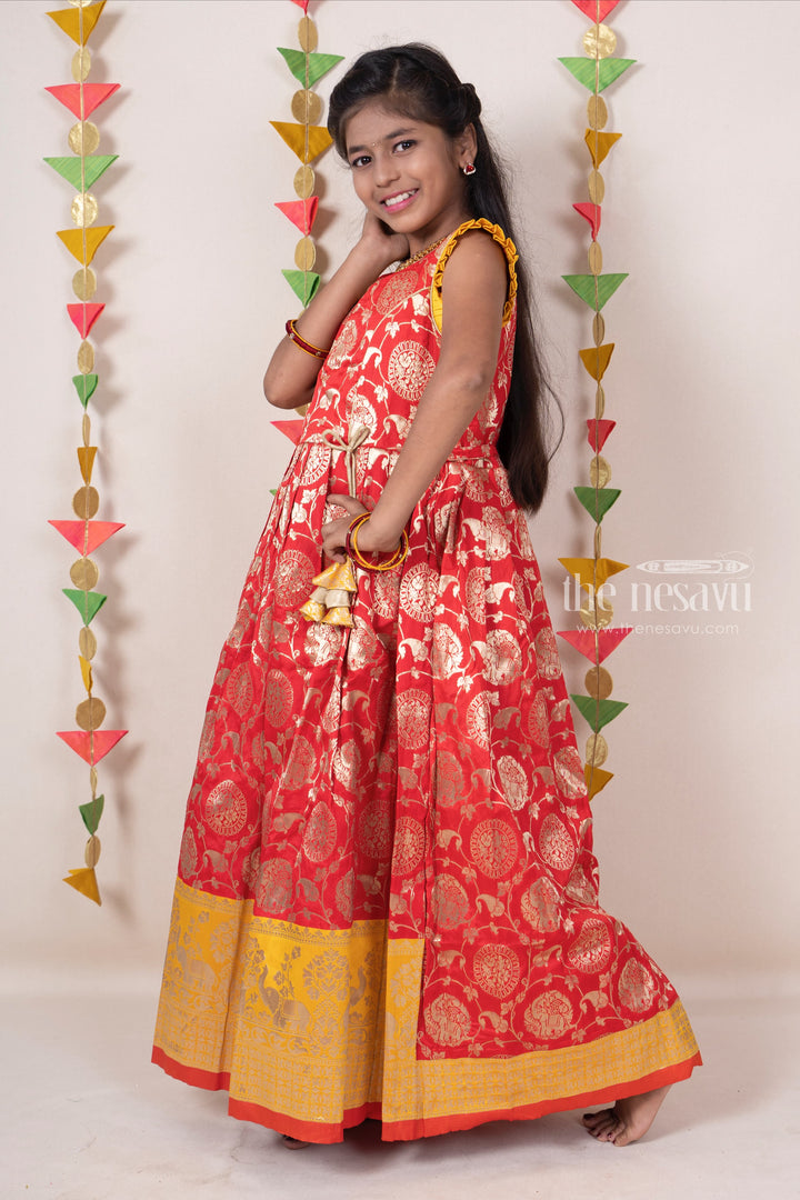 The Nesavu Kids Anarkali Red With Yellow Silver Toned Zari Pattu Anarkali Dresses For Girls psr silks Nesavu