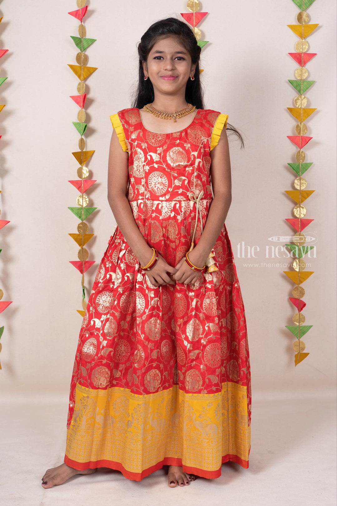 The Nesavu Kids Anarkali Red With Yellow Silver Toned Zari Pattu Anarkali Dresses For Girls psr silks Nesavu