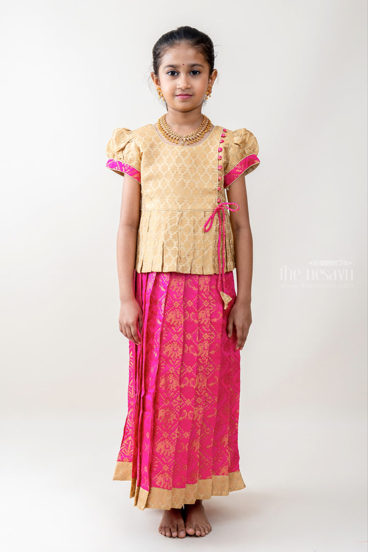 The Nesavu Pattu Pavadai Rewind Mode - Benaras Silk Sandal Blouse With Pink Fleeted Pavadai psr silks Nesavu 16 (1Y ) / Beige GPP247