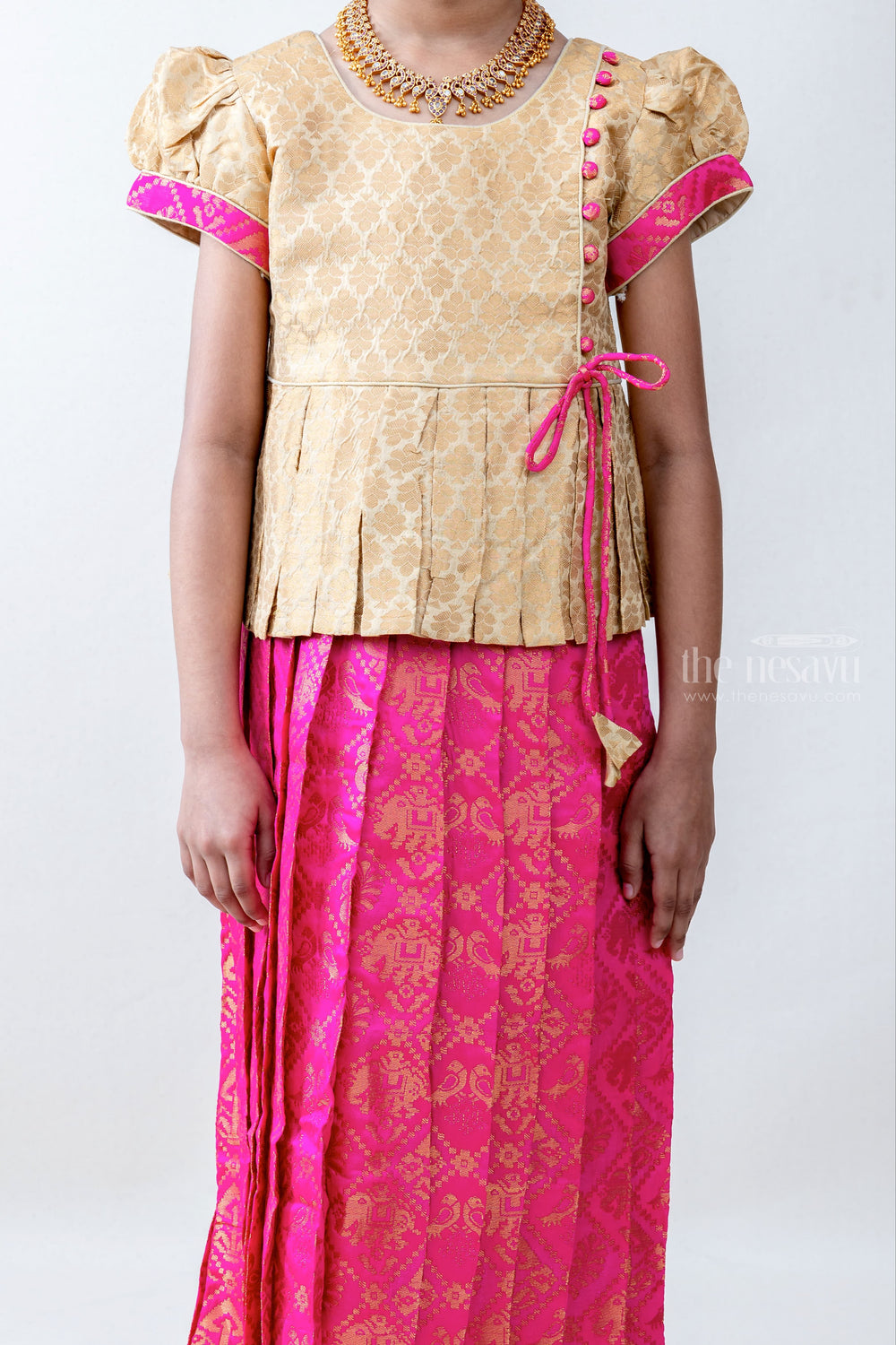 The Nesavu Pattu Pavadai Rewind Mode - Benaras Silk Sandal Blouse With Pink Fleeted Pavadai psr silks Nesavu
