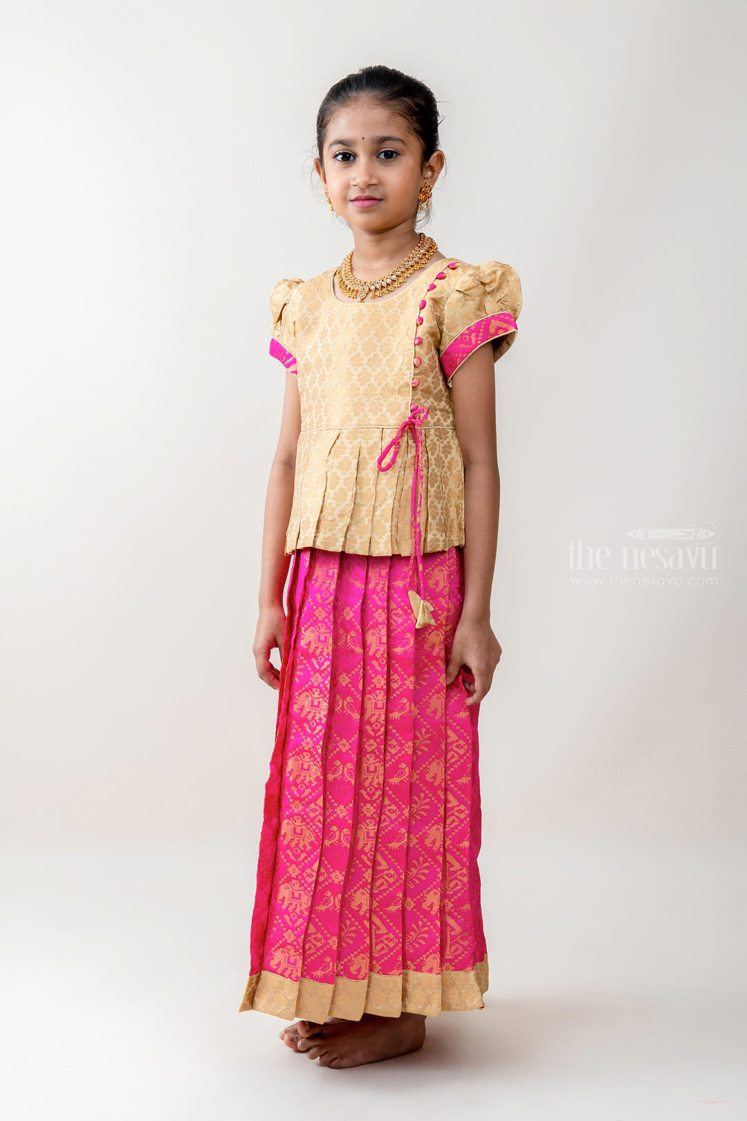 The Nesavu Pattu Pavadai Rewind Mode - Benaras Silk Sandal Blouse With Pink Fleeted Pavadai psr silks Nesavu