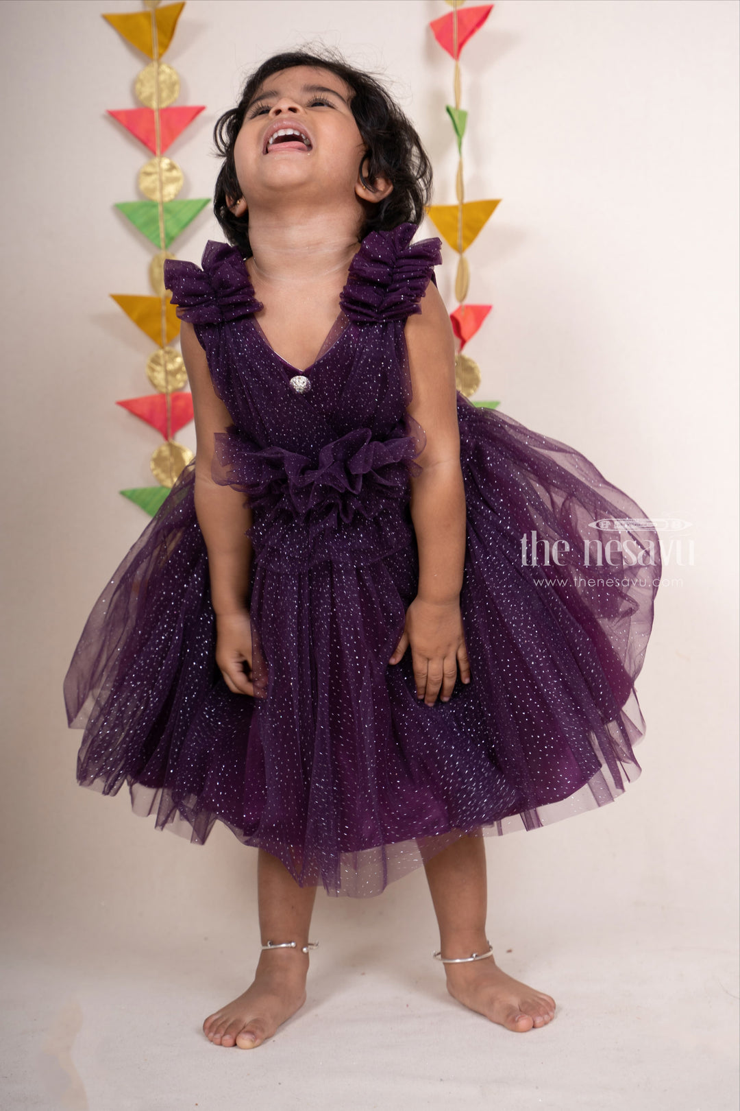 The Nesavu Party Frock Rosy Brown Ruffled Yoke Designer Soft Net Frock For Baby Girls psr silks Nesavu 16 (1Y) / RebeccaPurple PF75B