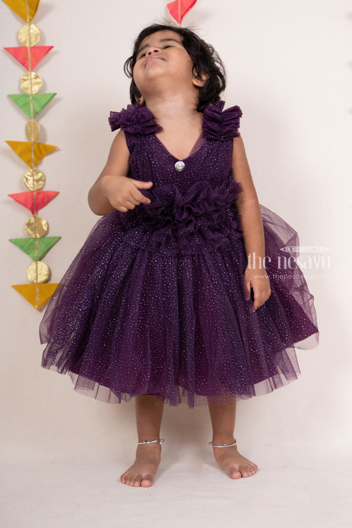 The Nesavu Party Frock Rosy Brown Ruffled Yoke Designer Soft Net Frock For Baby Girls psr silks Nesavu