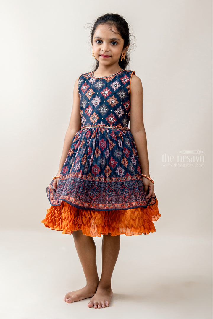 The Nesavu Party Frock Royal Blue Crepe Designer Party Frock With Floppy Clothings psr silks Nesavu 16 (1Y) / Navy PF92A