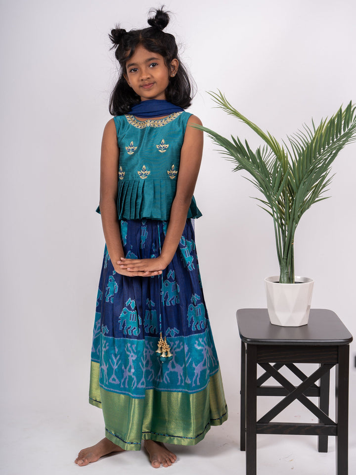 The Nesavu Pattu Pavadai Royal Blue With Light Blue Designer Peplum Top Pattu Langa Voni For Girls psr silks Nesavu 24 (5Y-6Y) / Cyan GPP205