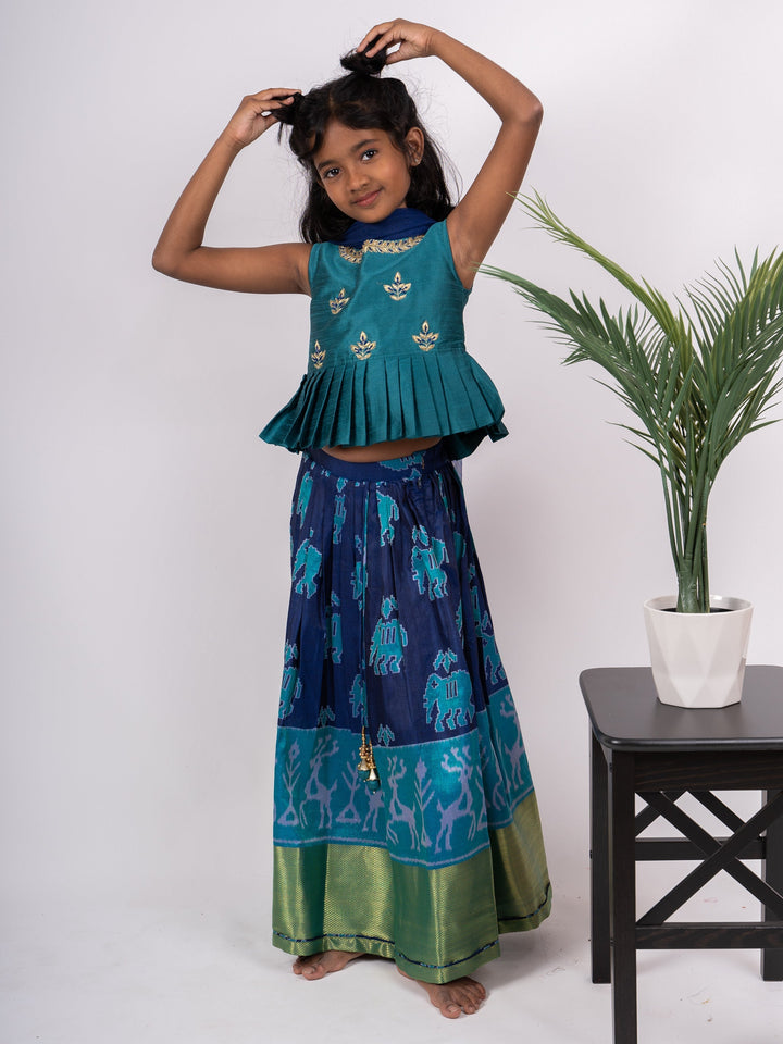 The Nesavu Pattu Pavadai Royal Blue With Light Blue Designer Peplum Top Pattu Langa Voni For Girls psr silks Nesavu