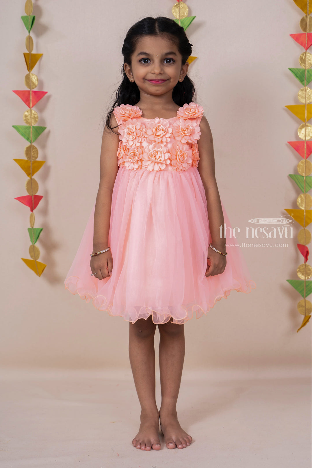 The Nesavu Party Frock Salmon Designer Party Gown For New Born Baby Girls With Floral Embellishments psr silks Nesavu 16 (1Y) / Salmon PF64A