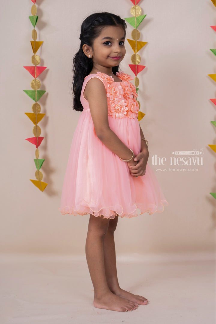 The Nesavu Party Frock Salmon Designer Party Gown For New Born Baby Girls With Floral Embellishments psr silks Nesavu