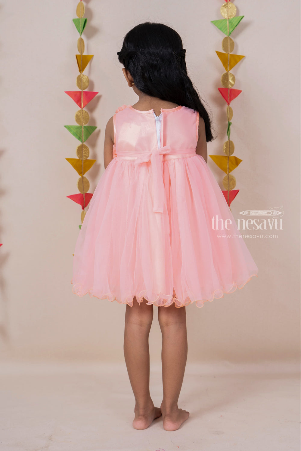 The Nesavu Party Frock Salmon Designer Party Gown For New Born Baby Girls With Floral Embellishments psr silks Nesavu