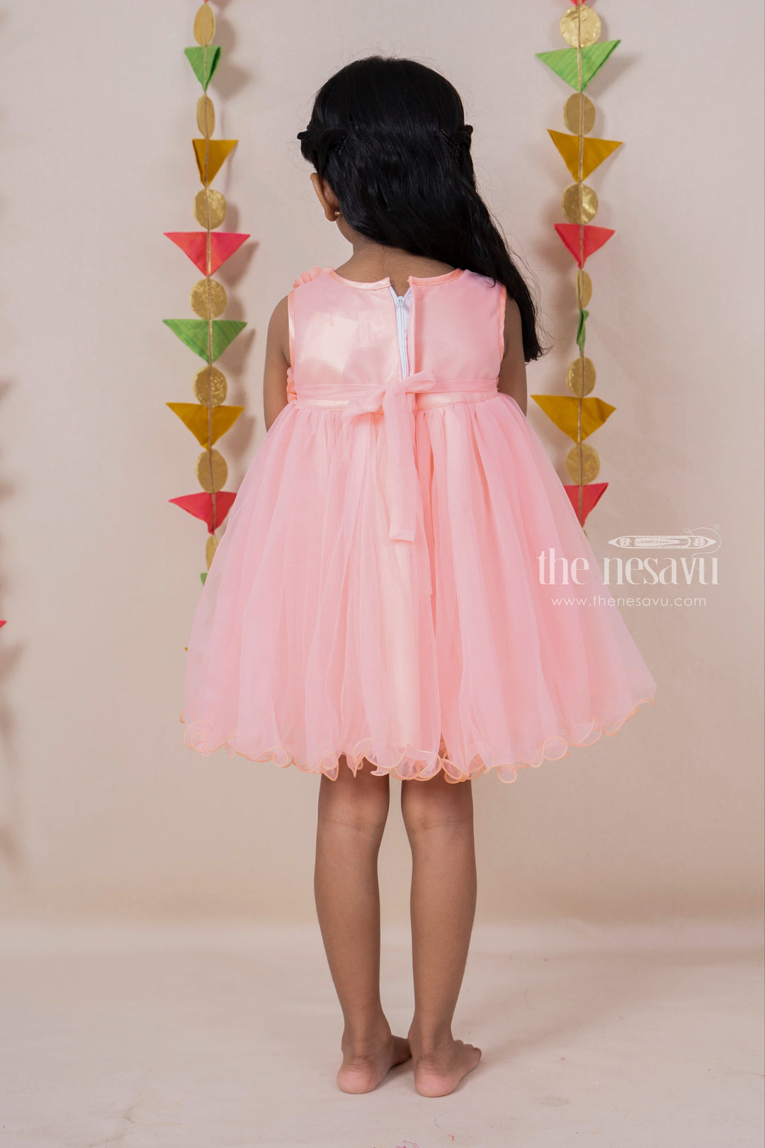 The Nesavu Party Frock Salmon Designer Party Gown For New Born Baby Girls With Floral Embellishments psr silks Nesavu