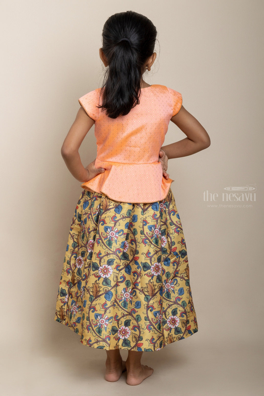 The Nesavu Kids Anarkali Salmon Floral Printed Silk Cotton Anarkali For Girls With Front Tie Overcoat psr silks Nesavu