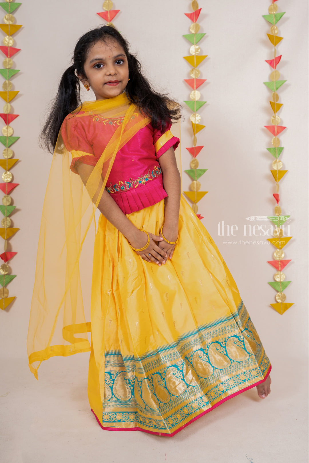 The Nesavu Lehenga & Ghagra Sandal Banarasi Silk Lehenga With Magenta Pink Embroidery Blouse For Girls psr silks Nesavu 24 (5Y) / Yellow GL266