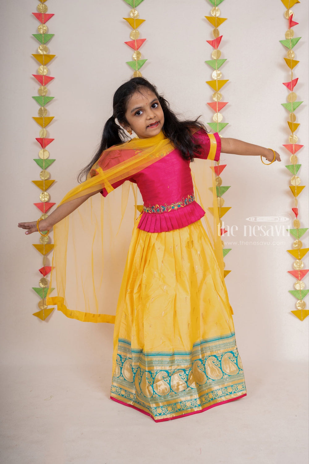 The Nesavu Lehenga & Ghagra Sandal Banarasi Silk Lehenga With Magenta Pink Embroidery Blouse For Girls psr silks Nesavu