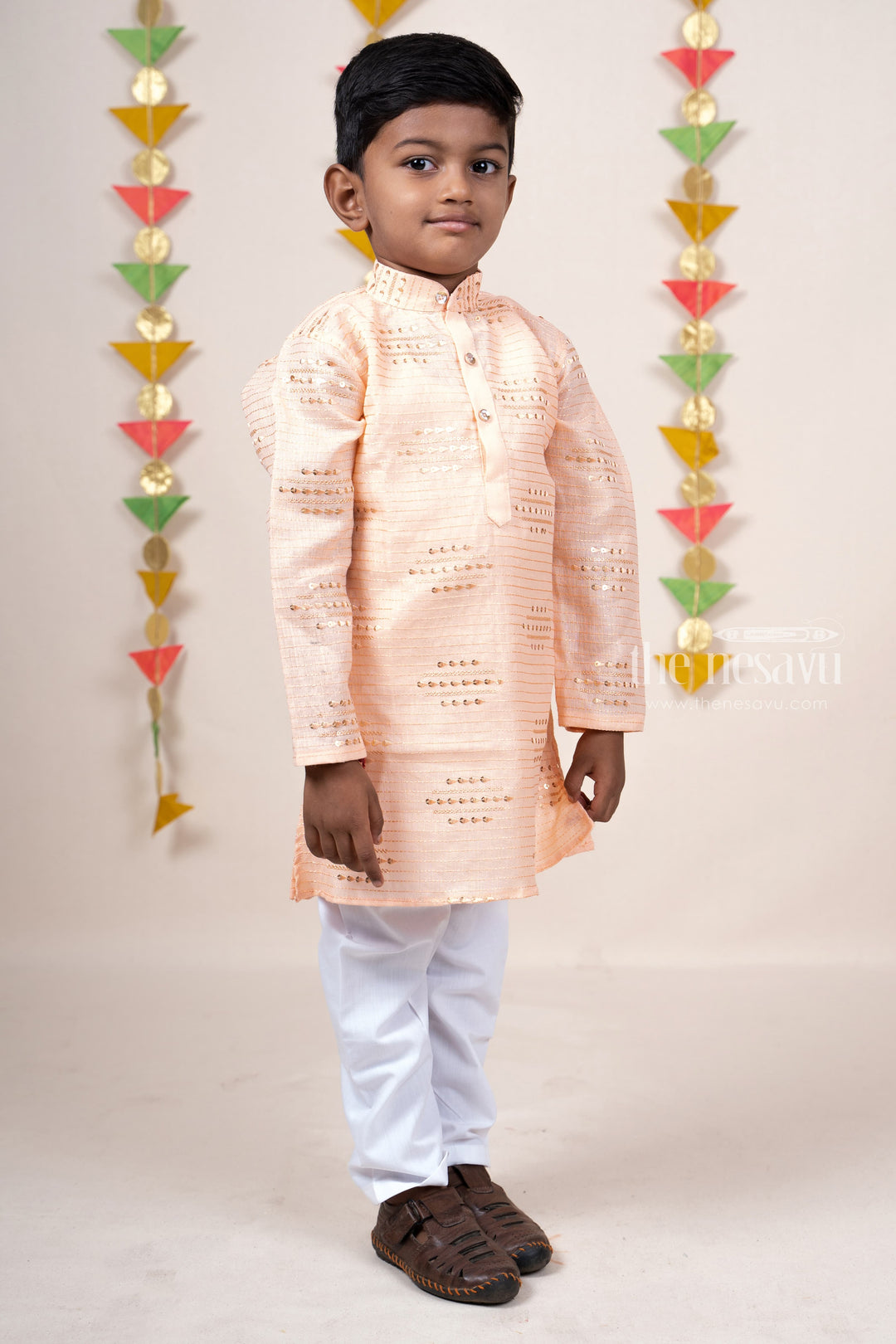 The Nesavu Ethnic Sets Sandal Self Textured Mandarin Collar Soft Semi Linen Kurta Suit For Baby Boys psr silks Nesavu 16 (1Y) / LightSalmon BES195