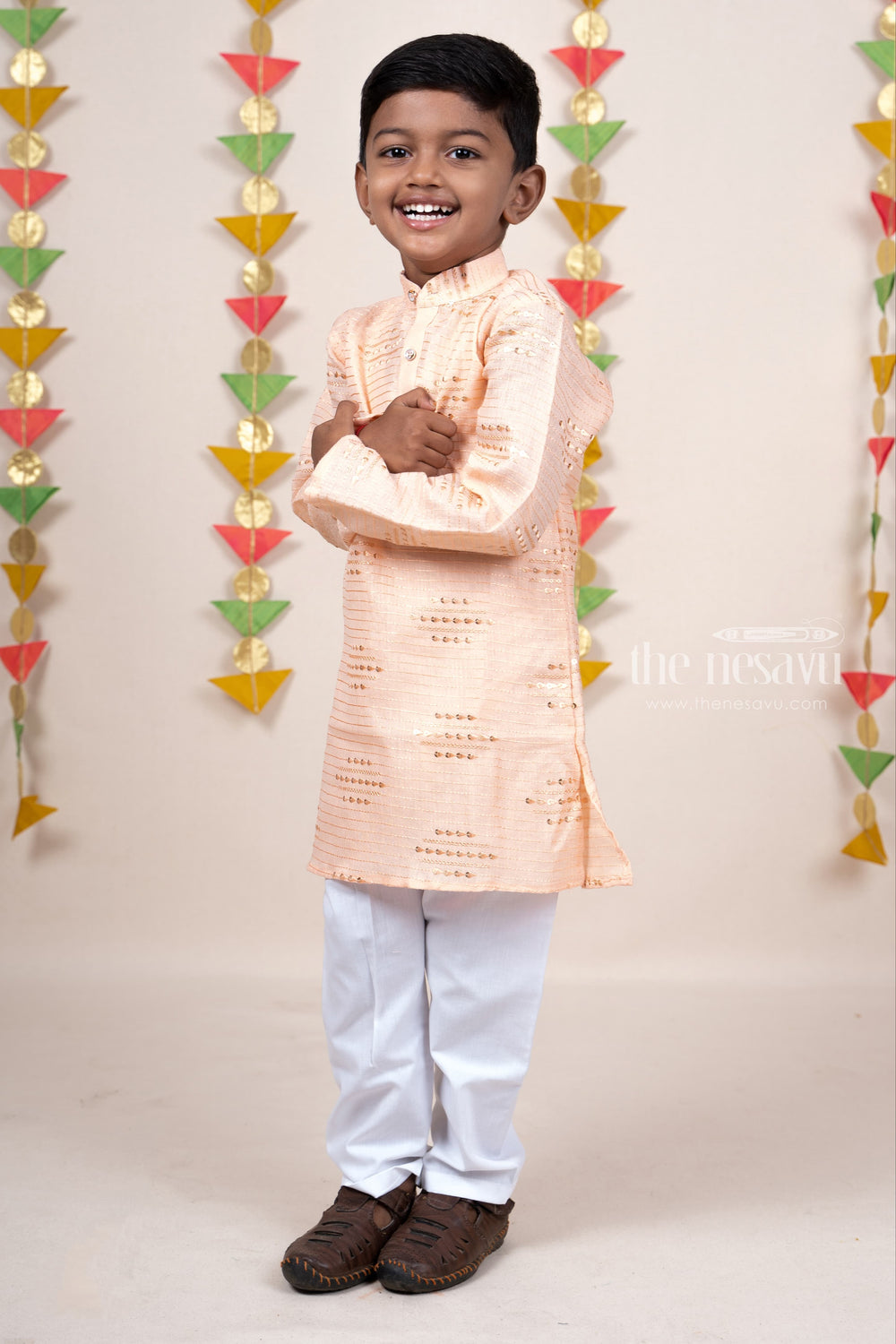 The Nesavu Ethnic Sets Sandal Self Textured Mandarin Collar Soft Semi Linen Kurta Suit For Baby Boys psr silks Nesavu