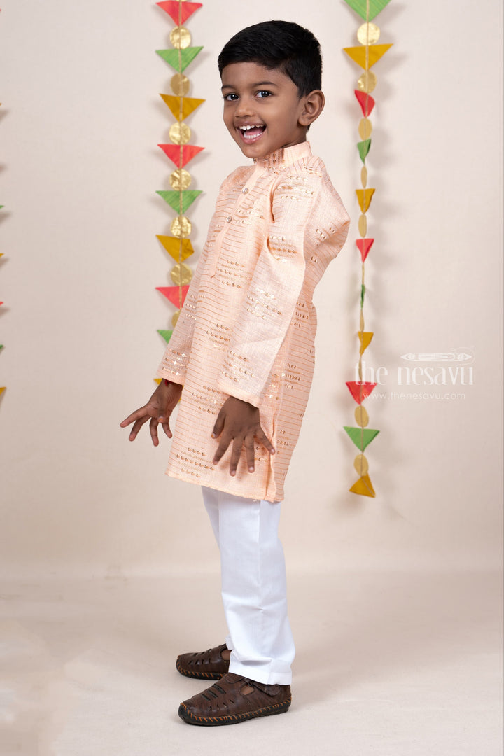 The Nesavu Ethnic Sets Sandal Self Textured Mandarin Collar Soft Semi Linen Kurta Suit For Baby Boys psr silks Nesavu