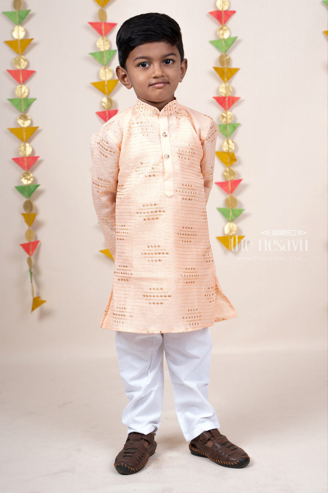 The Nesavu Ethnic Sets Sandal Self Textured Mandarin Collar Soft Semi Linen Kurta Suit For Baby Boys psr silks Nesavu