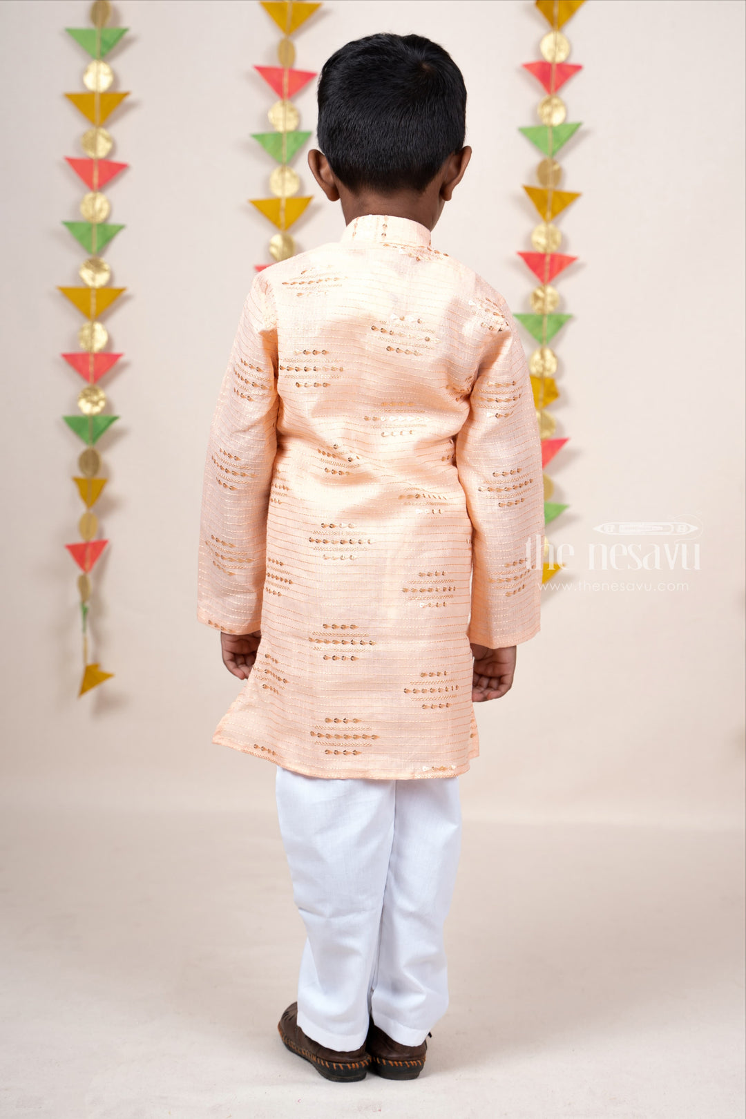 The Nesavu Ethnic Sets Sandal Self Textured Mandarin Collar Soft Semi Linen Kurta Suit For Baby Boys psr silks Nesavu