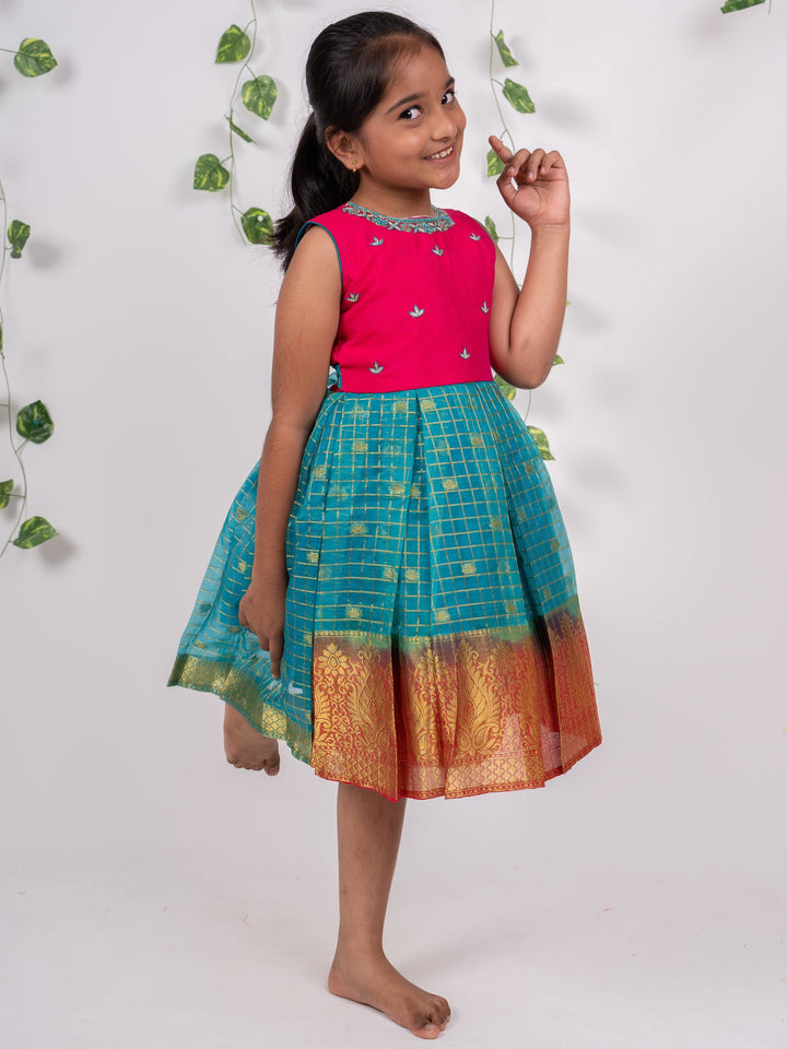 The Nesavu  Silk Frocks Sari Checked Pink Blue Organza Silk Frock for Birthday psr silks Nesavu 12 (3M) / deepskyblue SF098