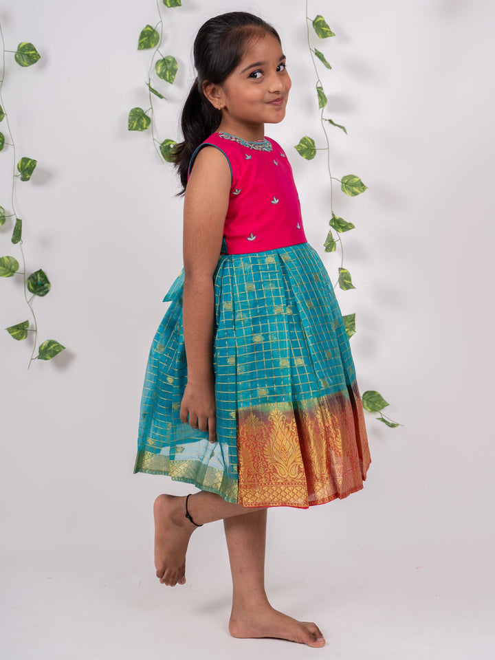 The Nesavu  Silk Frocks Sari Checked Pink Blue Organza Silk Frock for Birthday psr silks Nesavu
