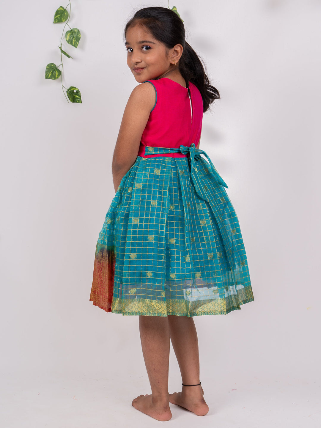The Nesavu  Silk Frocks Sari Checked Pink Blue Organza Silk Frock for Birthday psr silks Nesavu