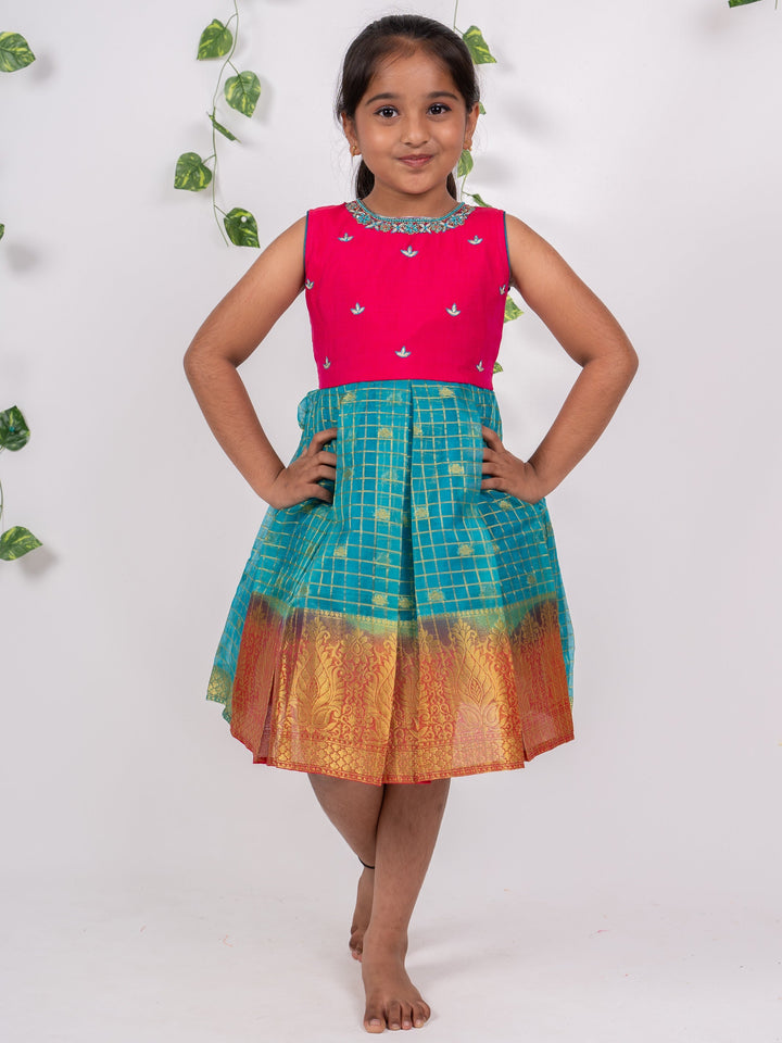 The Nesavu  Silk Frocks Sari Checked Pink Blue Organza Silk Frock for Birthday psr silks Nesavu