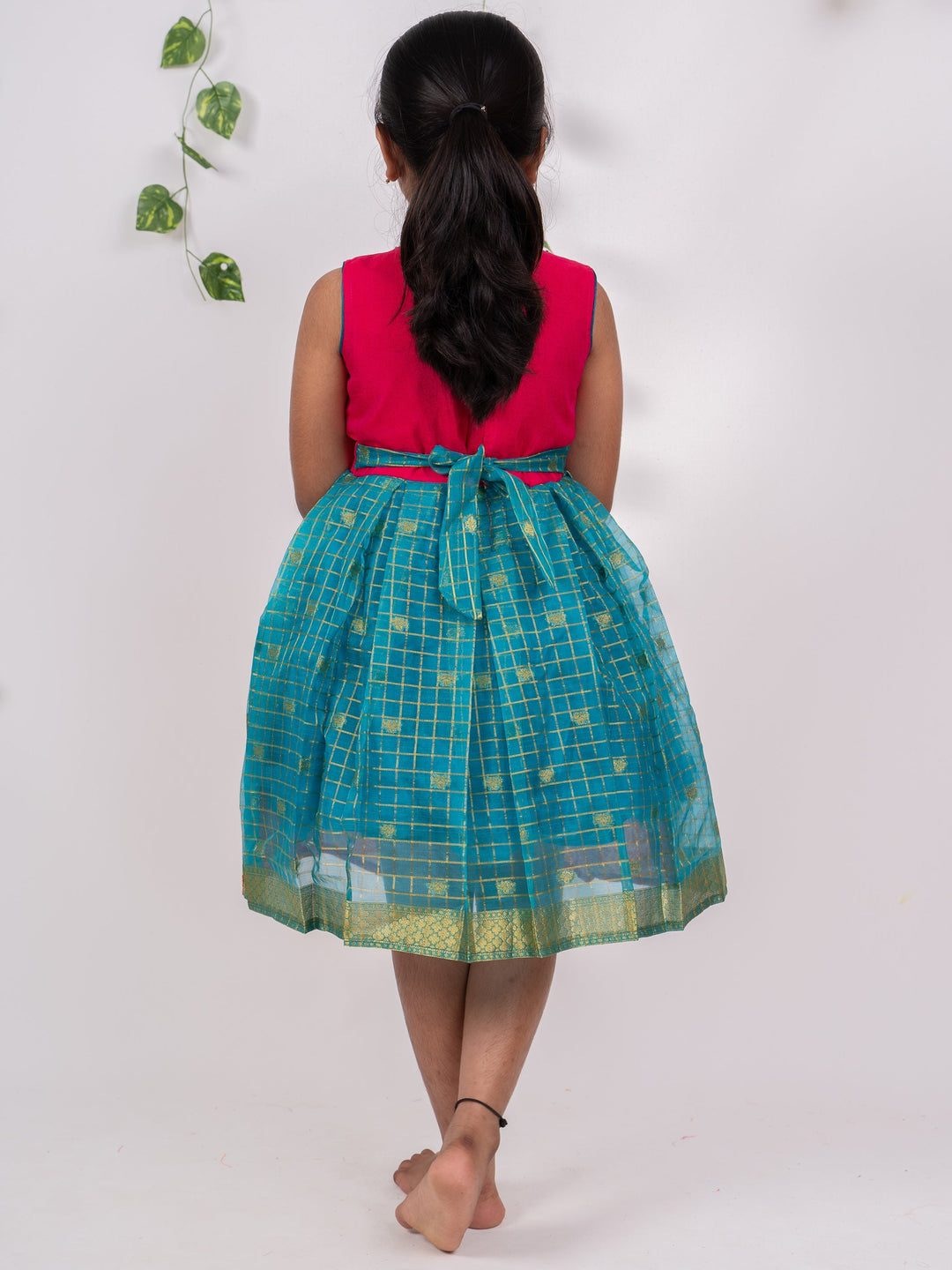 The Nesavu  Silk Frocks Sari Checked Pink Blue Organza Silk Frock for Birthday psr silks Nesavu