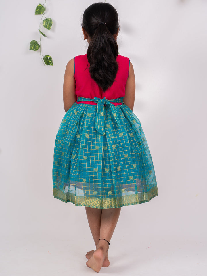 The Nesavu  Silk Frocks Sari Checked Pink Blue Organza Silk Frock for Birthday psr silks Nesavu
