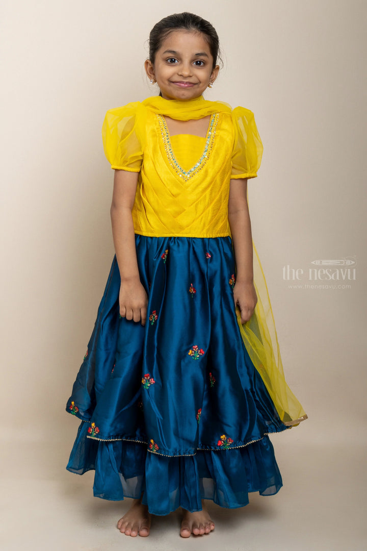 The Nesavu Lehenga & Ghagra Sassy And Classy - Puffed V-Neck Yellow Crop Top With Frilled Navy Skirt psr silks Nesavu 14 (6M) / Yellow GL296B