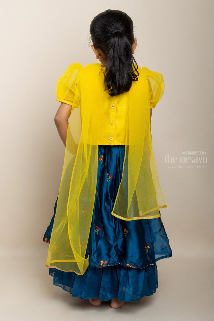 The Nesavu Lehenga & Ghagra Sassy And Classy - Puffed V-Neck Yellow Crop Top With Frilled Navy Skirt psr silks Nesavu