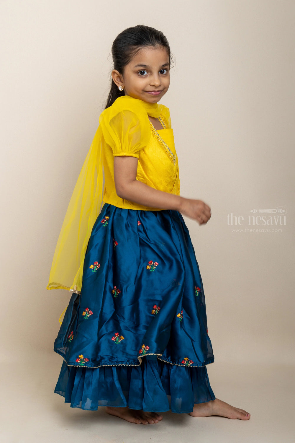 The Nesavu Lehenga & Ghagra Sassy And Classy - Puffed V-Neck Yellow Crop Top With Frilled Navy Skirt psr silks Nesavu