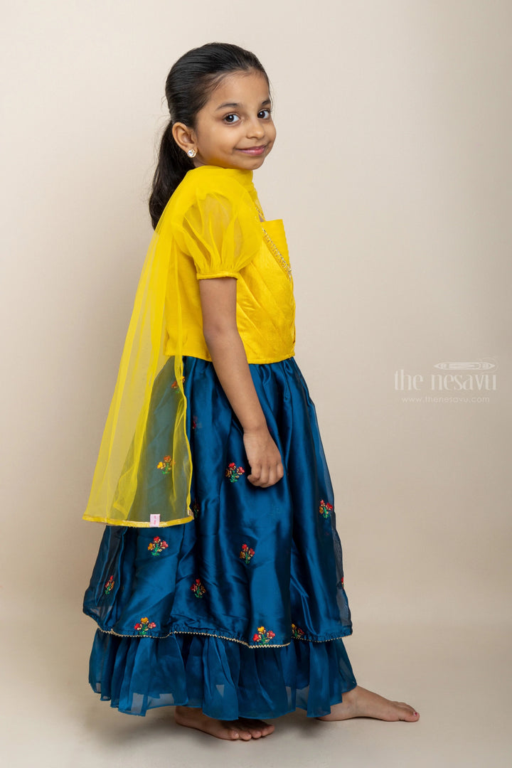 The Nesavu Lehenga & Ghagra Sassy And Classy - Puffed V-Neck Yellow Crop Top With Frilled Navy Skirt psr silks Nesavu