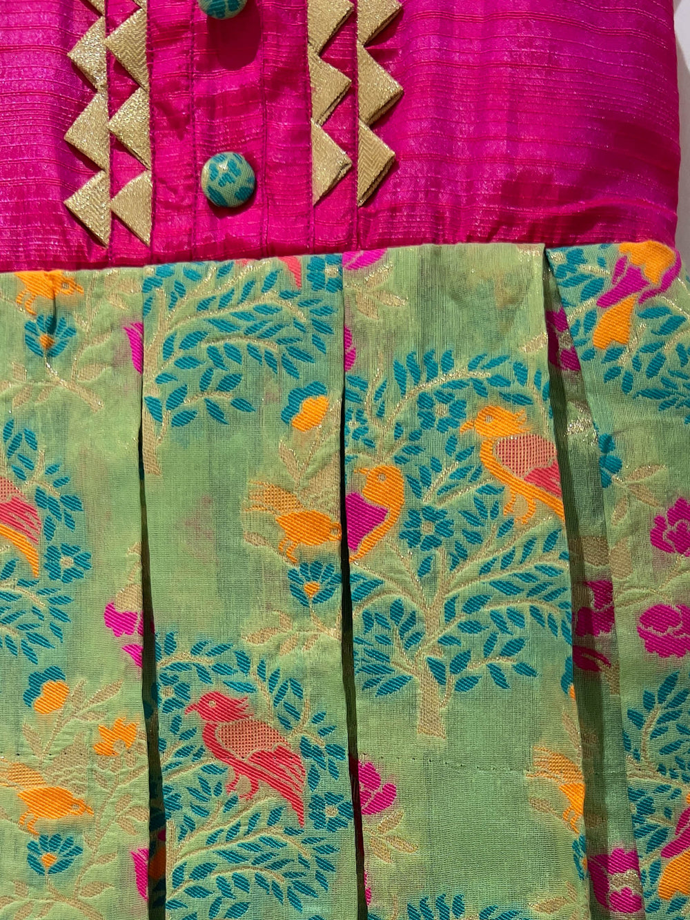 The Nesavu Silk frocks Seagreen And Pink Silk Frock With Designer Yoke psr silks Nesavu