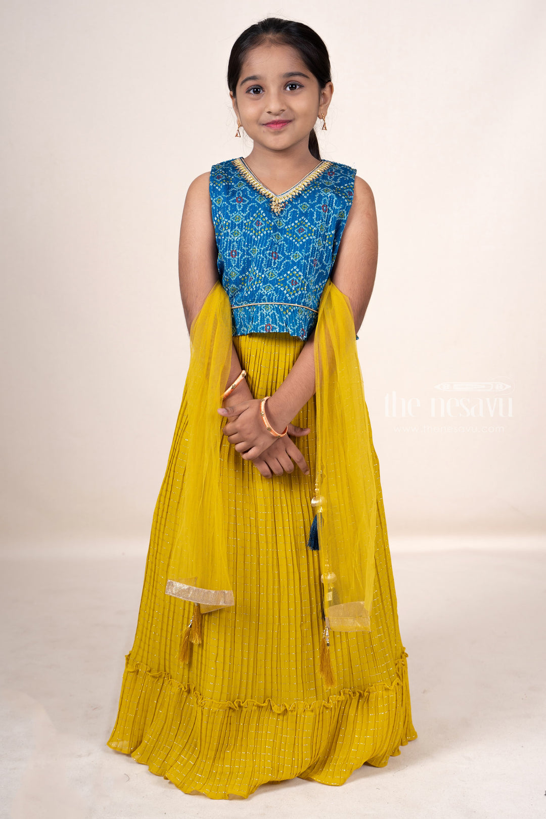 The Nesavu Lehenga & Ghagra Semi-Crepe Green With Navy Blue Blouse Designer Ghagra For Girls psr silks Nesavu 16 (1Y) / Goldenrod GL263