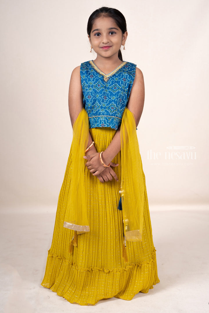 The Nesavu Lehenga & Ghagra Semi-Crepe Green With Navy Blue Blouse Designer Ghagra For Girls psr silks Nesavu 16 (1Y) / Goldenrod GL263