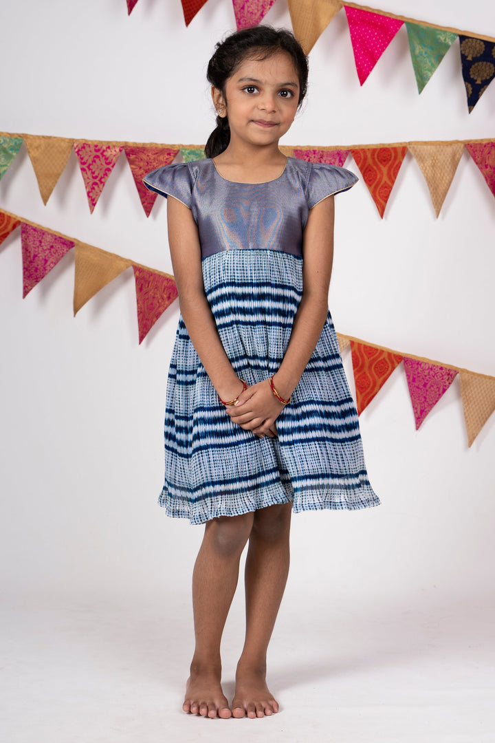 The Nesavu Frocks & Dresses Semi-Crushed Crepe Cotton Frock With Contrasting Yoke psr silks Nesavu 16 (1Y) / Indigo GFC882B