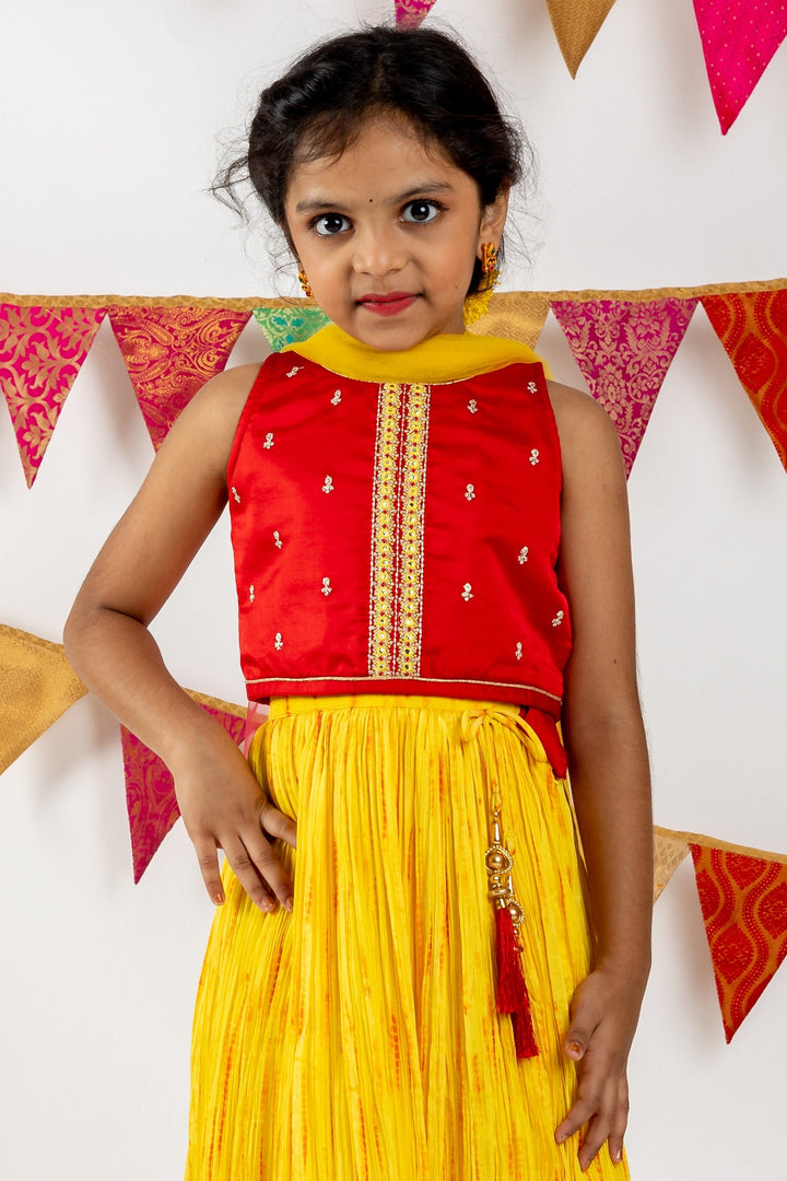 The Nesavu Lehenga & Ghagra Semi-Crushed Crepe Yellow With Red Embroidery Lehenga psr silks Nesavu 16 (1Y ) / yellow GL218