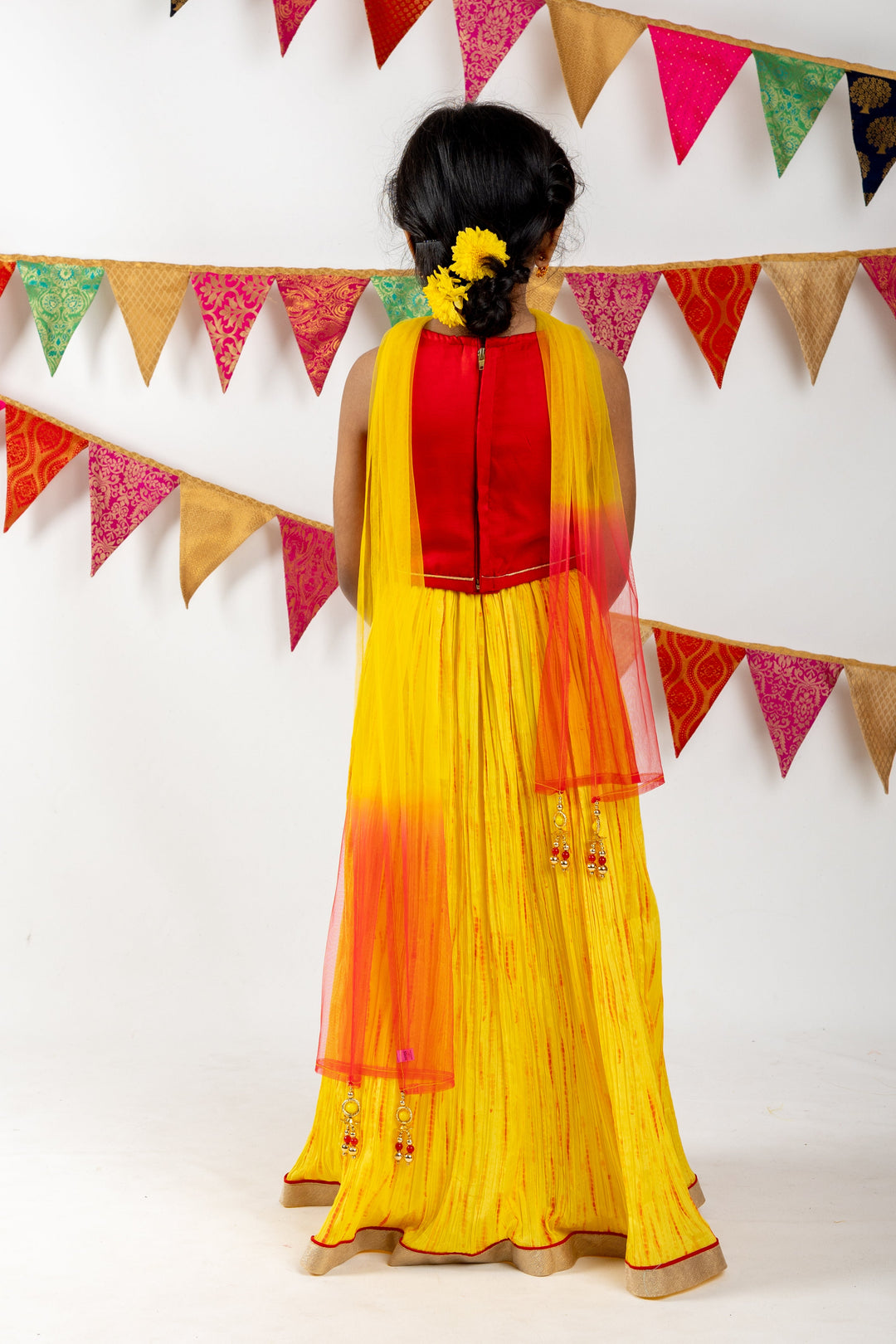 The Nesavu Lehenga & Ghagra Semi-Crushed Crepe Yellow With Red Embroidery Lehenga psr silks Nesavu