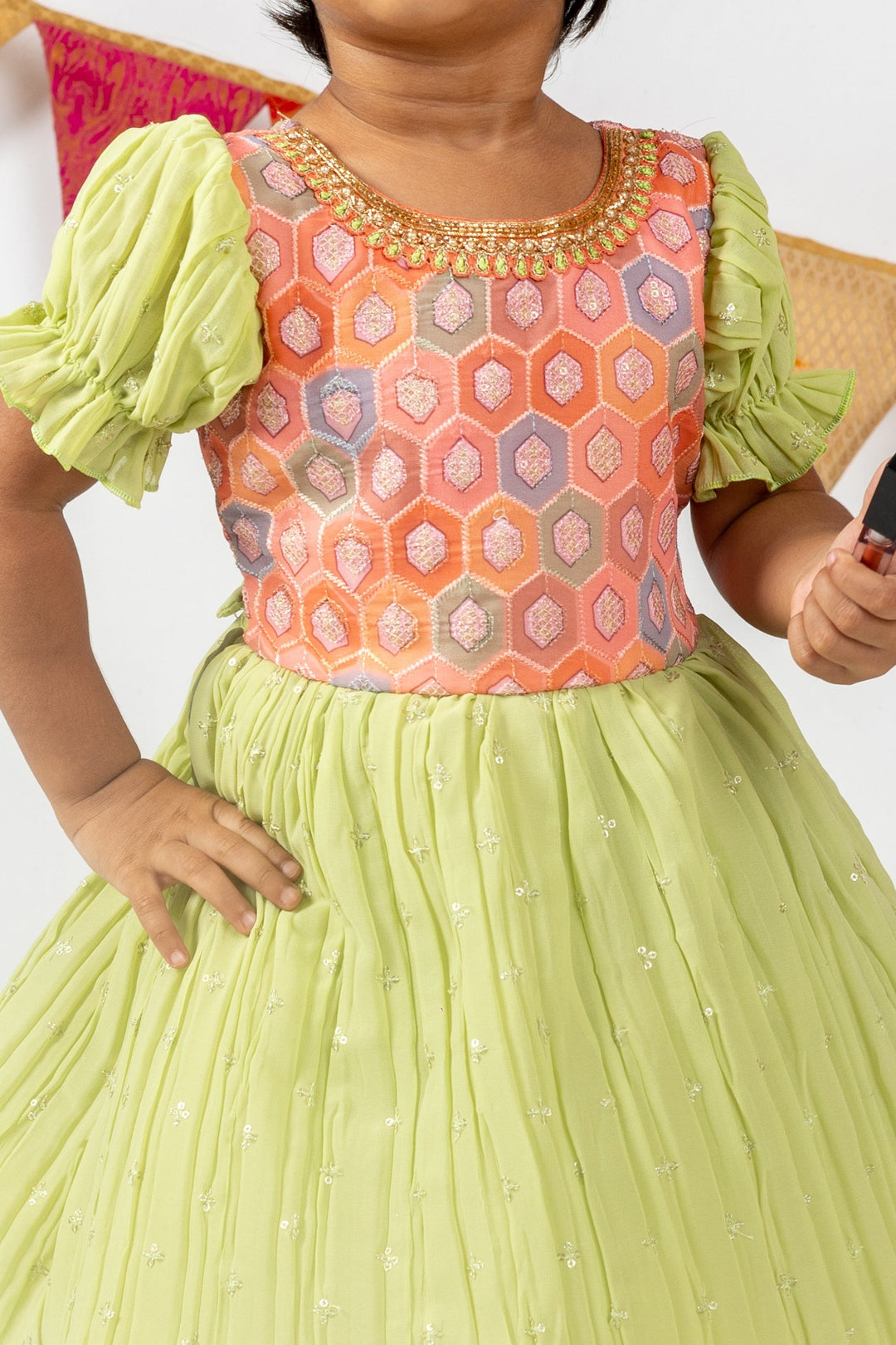 The Nesavu Silk Frocks Semi-Crushed Mint Green Designer Crepe Frock For Baby Girls psr silks Nesavu