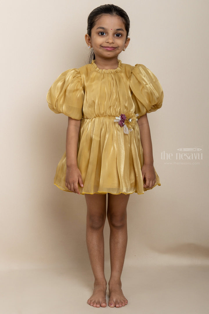 The Nesavu Party Frock Semi Crushed Rayon Party Wear Gown With Inner Cotton Lining For Girls psr silks Nesavu 14 (6M) / Gold PF53D
