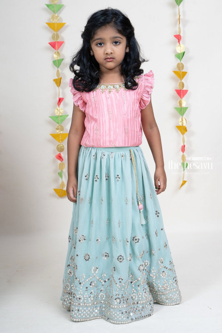 The Nesavu Lehenga & Ghagra Sequenced Embroidery Georgette Skirt With Pink Crop Top With Ruffle Sleeves psr silks Nesavu 16 (1Y) / PowderBlue GL278