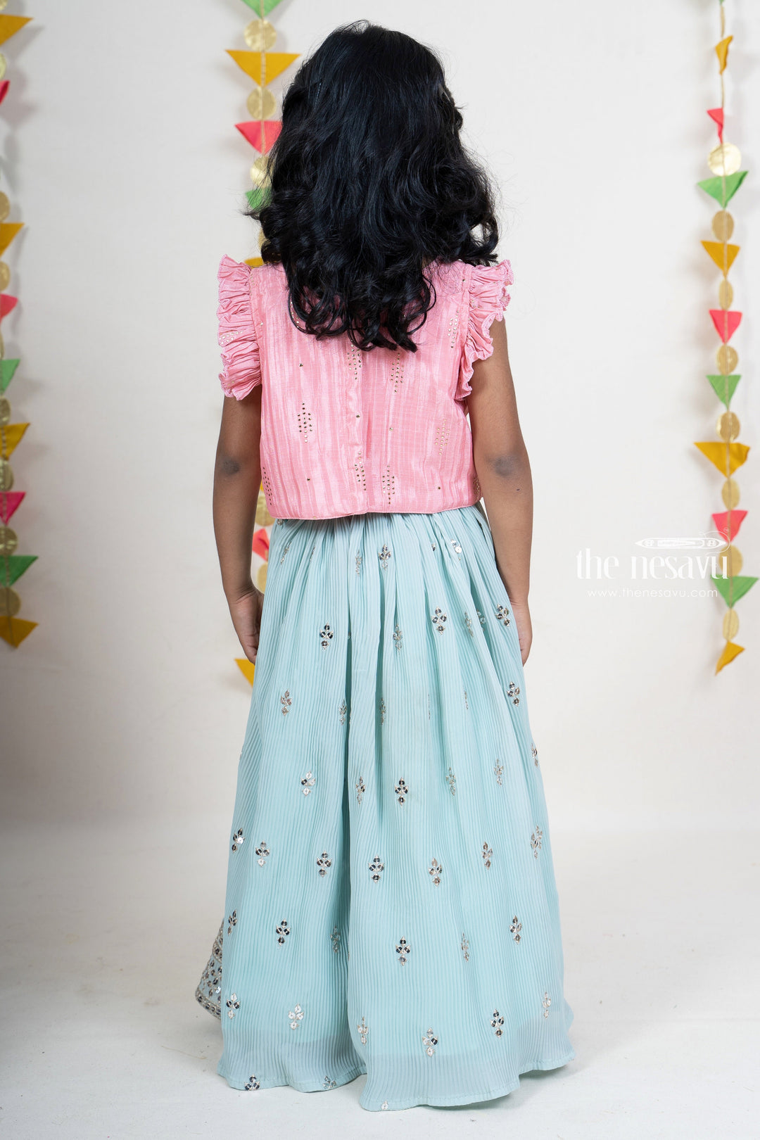 The Nesavu Lehenga & Ghagra Sequenced Embroidery Georgette Skirt With Pink Crop Top With Ruffle Sleeves psr silks Nesavu