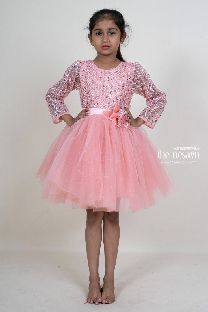 The Nesavu Party Frock Sequenced Pink Soft Net Party Frock With Elbow Sleeve For New Born Baby Girls psr silks Nesavu 16 (1Y) / PeachPuff PF88A