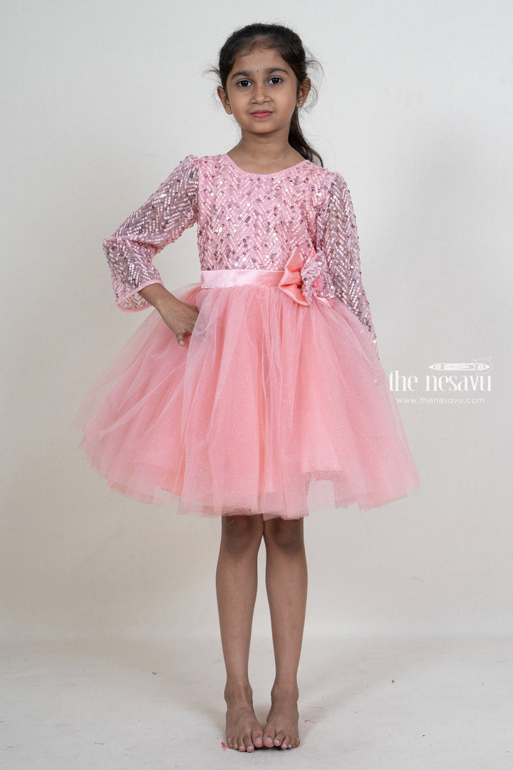 The Nesavu Party Frock Sequenced Pink Soft Net Party Frock With Elbow Sleeve For New Born Baby Girls psr silks Nesavu