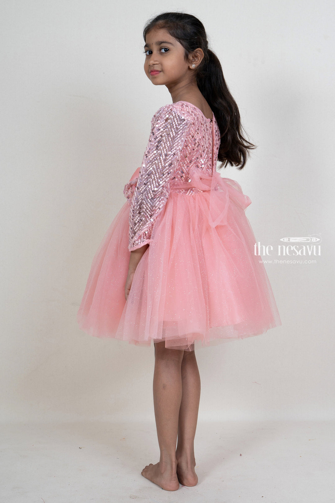 The Nesavu Party Frock Sequenced Pink Soft Net Party Frock With Elbow Sleeve For New Born Baby Girls psr silks Nesavu